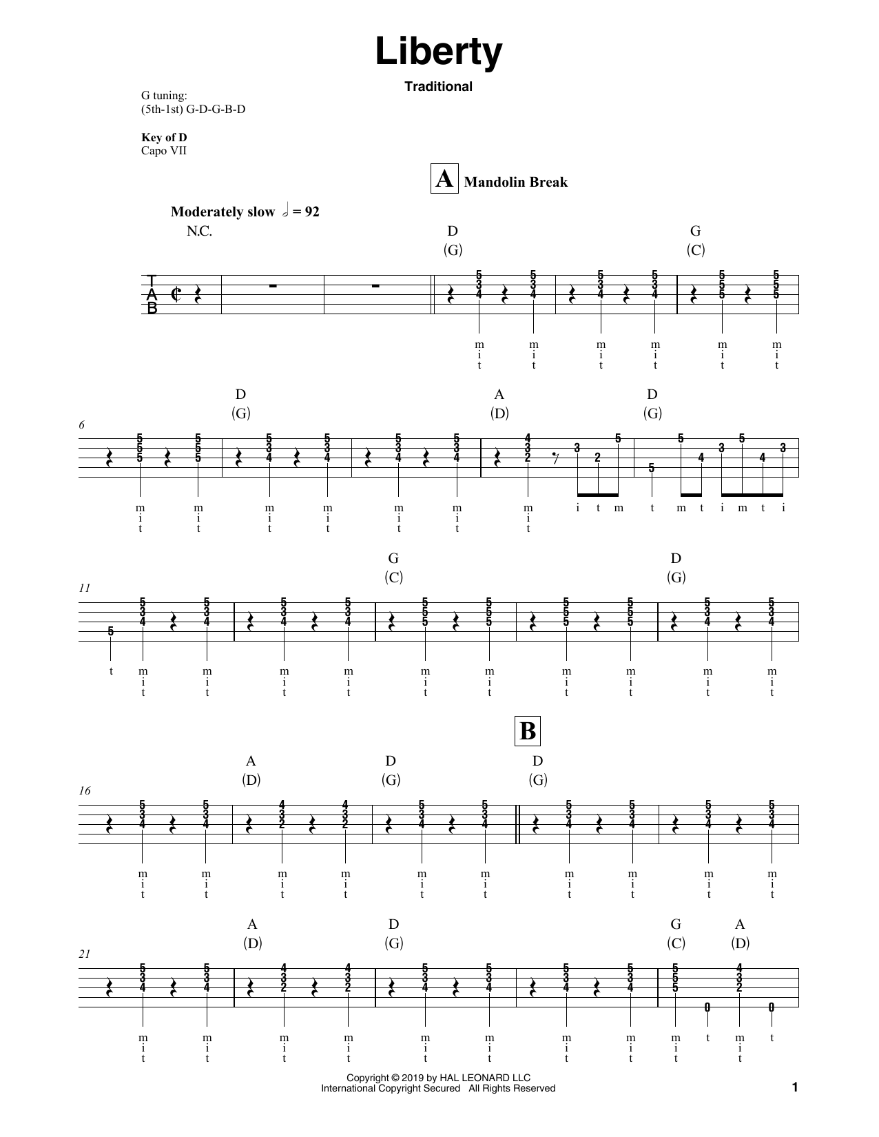 Traditional Liberty sheet music notes and chords arranged for Banjo Tab
