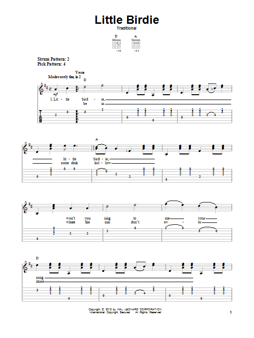 Traditional Little Birdie sheet music notes and chords arranged for Easy Guitar Tab