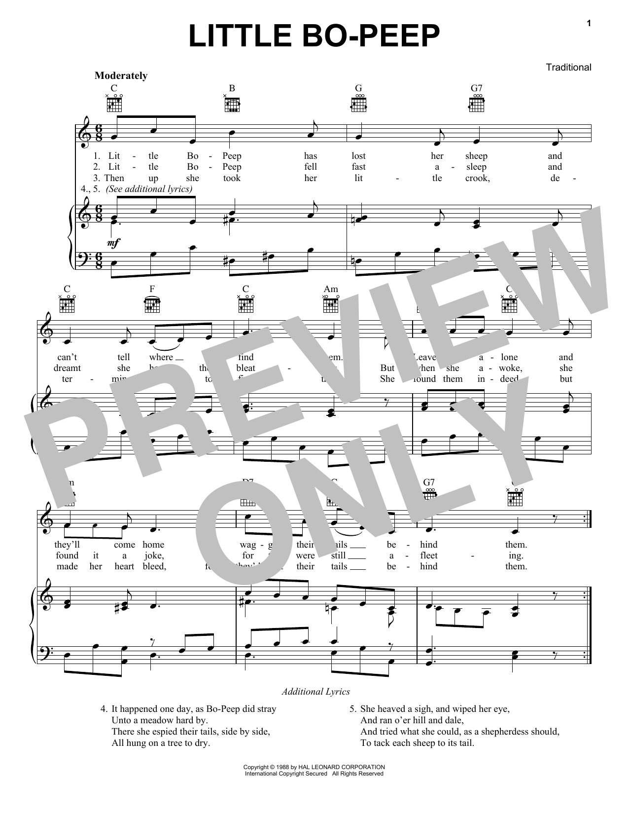Traditional Little Bo-Peep sheet music notes and chords arranged for Piano, Vocal & Guitar Chords (Right-Hand Melody)