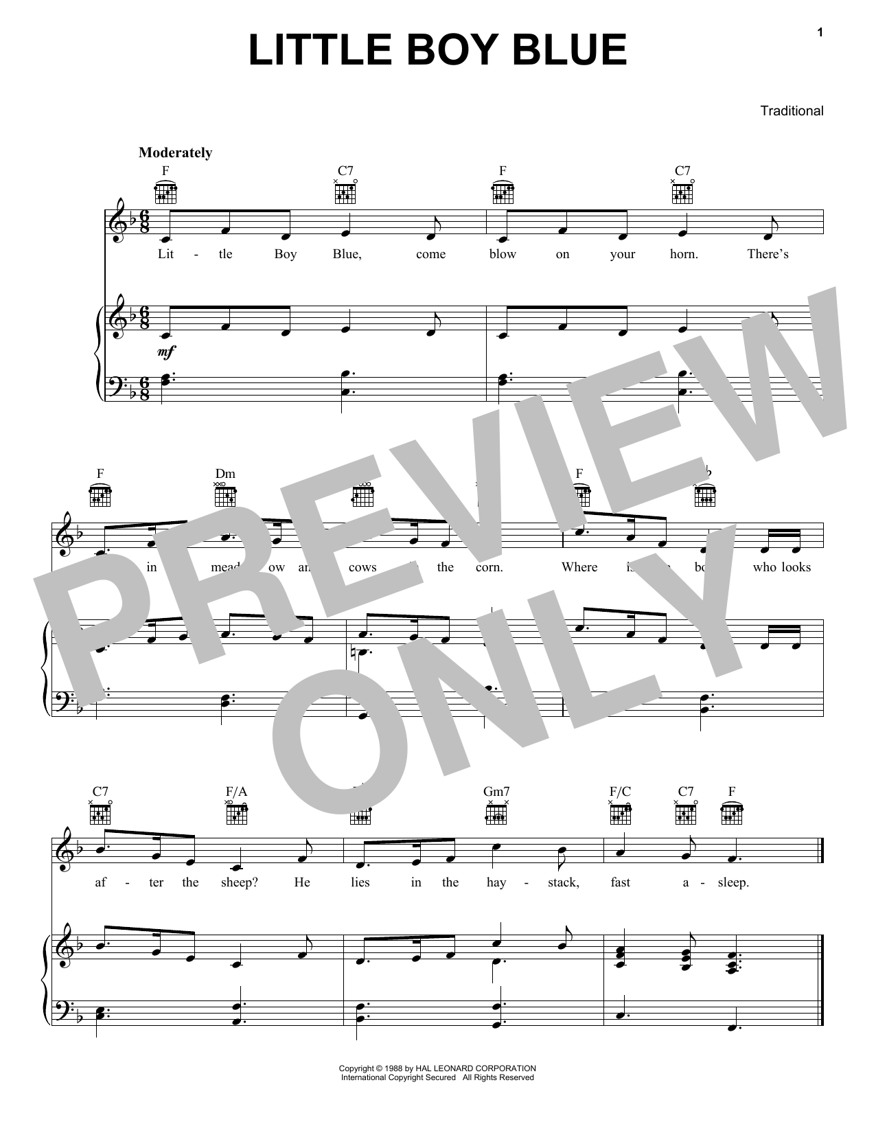 Traditional Little Boy Blue sheet music notes and chords arranged for Piano, Vocal & Guitar Chords (Right-Hand Melody)