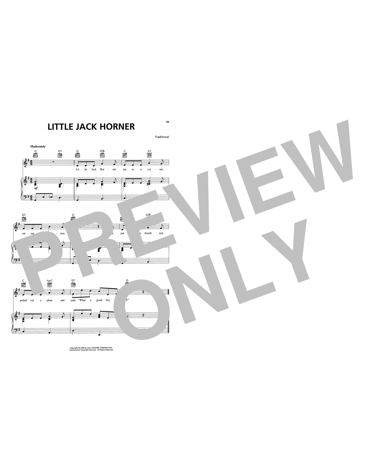 Traditional Little Jack Horner sheet music notes and chords arranged for Piano, Vocal & Guitar Chords (Right-Hand Melody)