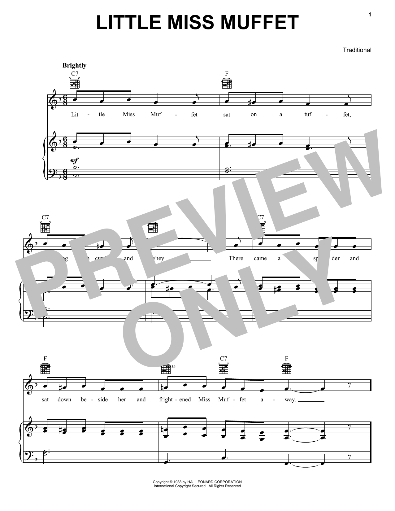 Traditional Little Miss Muffet sheet music notes and chords arranged for Piano, Vocal & Guitar Chords (Right-Hand Melody)