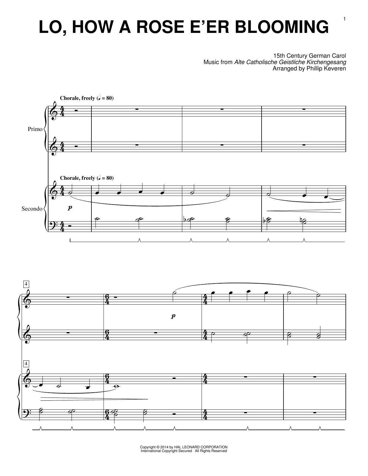 Traditional Lo, How A Rose E'er Blooming (arr. Phillip Keveren) sheet music notes and chords arranged for Piano Duet