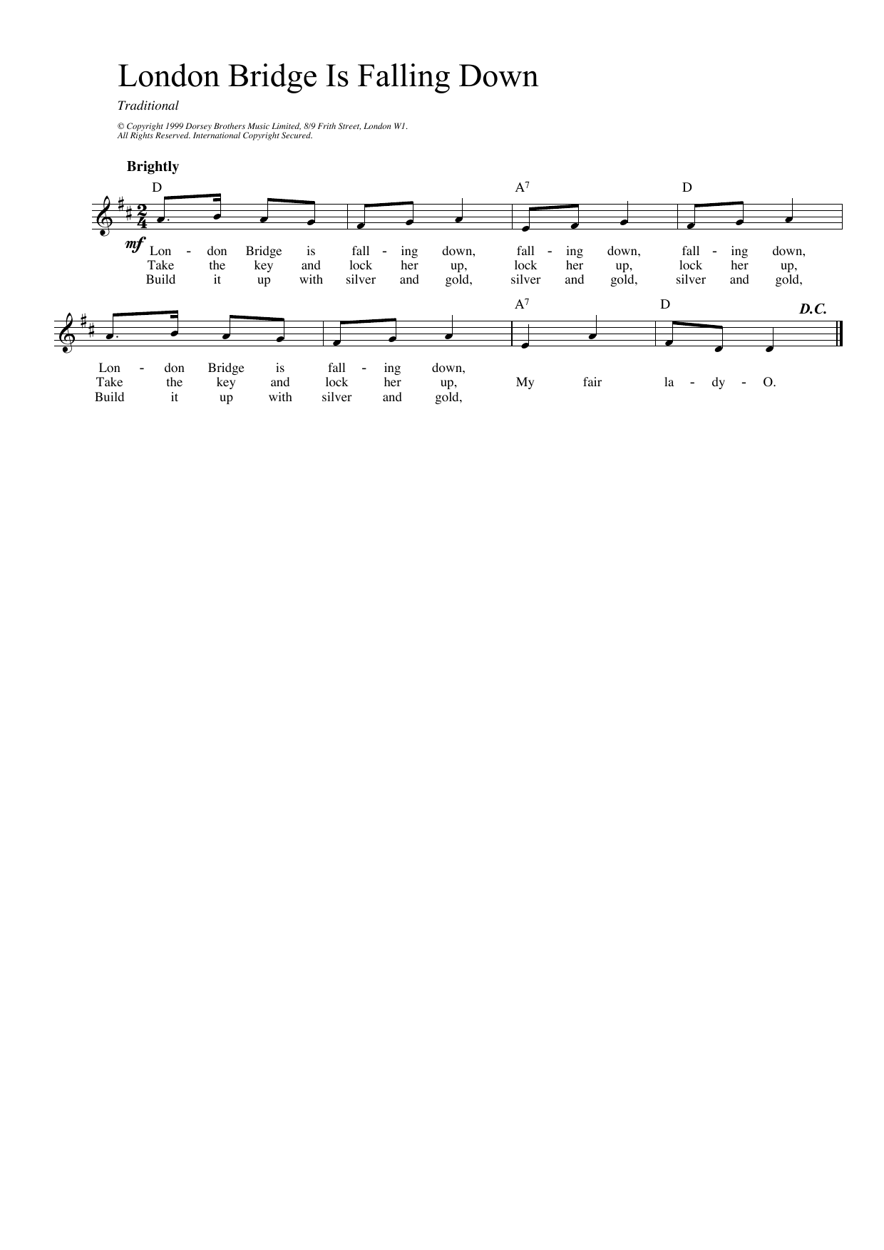 Traditional London Bridge sheet music notes and chords arranged for Piano Chords/Lyrics