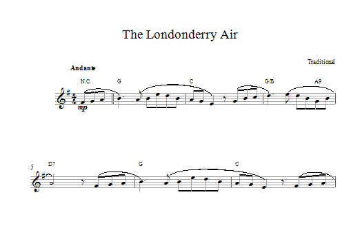 Traditional Londonderry Air sheet music notes and chords arranged for Piano, Vocal & Guitar Chords (Right-Hand Melody)
