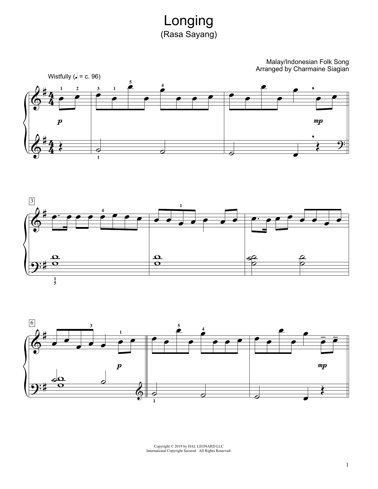 Traditional Longing (Rasa Sayang) (arr. Charmaine Siagian) sheet music notes and chords arranged for Educational Piano