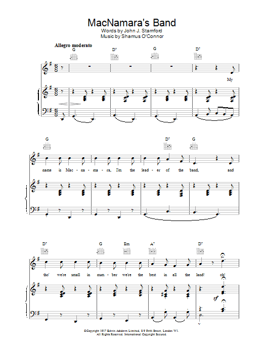 Traditional MacNamara's Band sheet music notes and chords arranged for Piano, Vocal & Guitar Chords