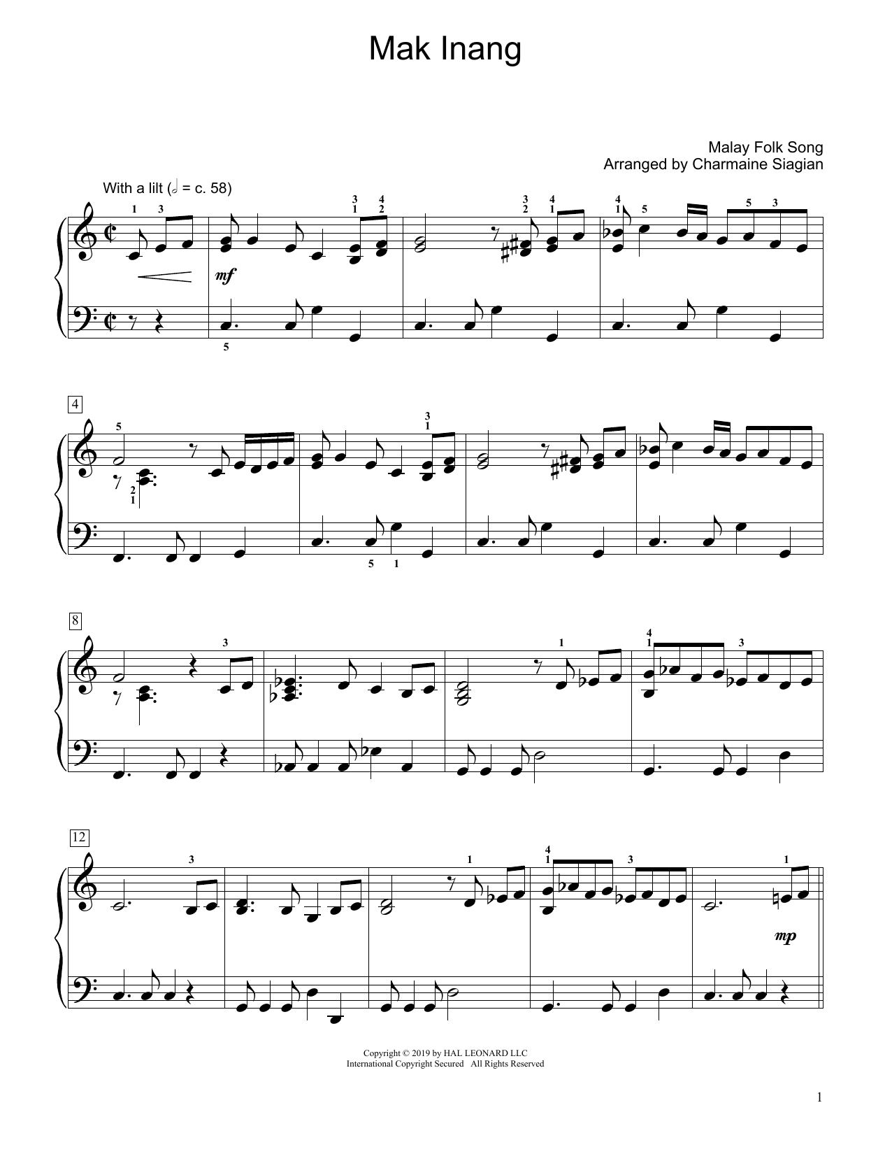 Traditional Mak Inang (arr. Charmaine Siagian) sheet music notes and chords arranged for Educational Piano