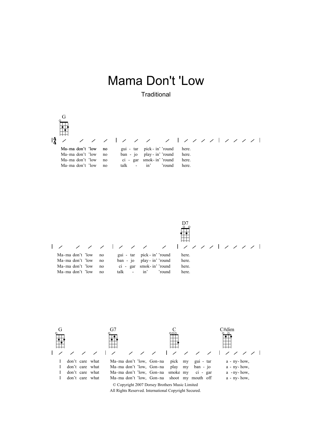 Traditional Mama Don't 'low sheet music notes and chords arranged for Ukulele Chords/Lyrics