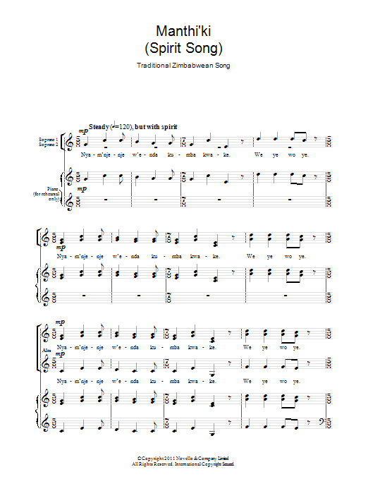 Traditional Manthi'ki (Spirit Song) sheet music notes and chords arranged for SATB Choir