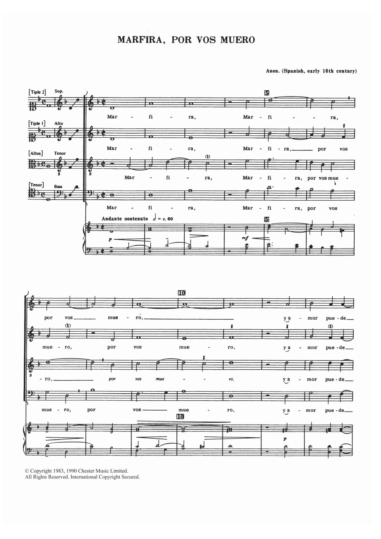 Traditional Marfira, Por Vos Muero sheet music notes and chords arranged for SATB Choir