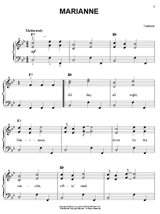 Traditional Marianne sheet music notes and chords arranged for Easy Piano