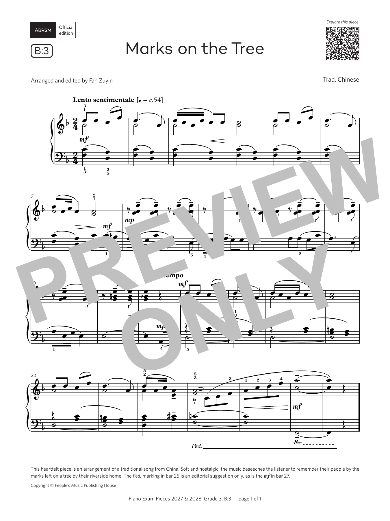 Traditional Marks on the Tree (Grade 3, list B3, from the ABRSM Piano Syllabus 2027 & 2028) sheet music notes and chords arranged for Piano Solo