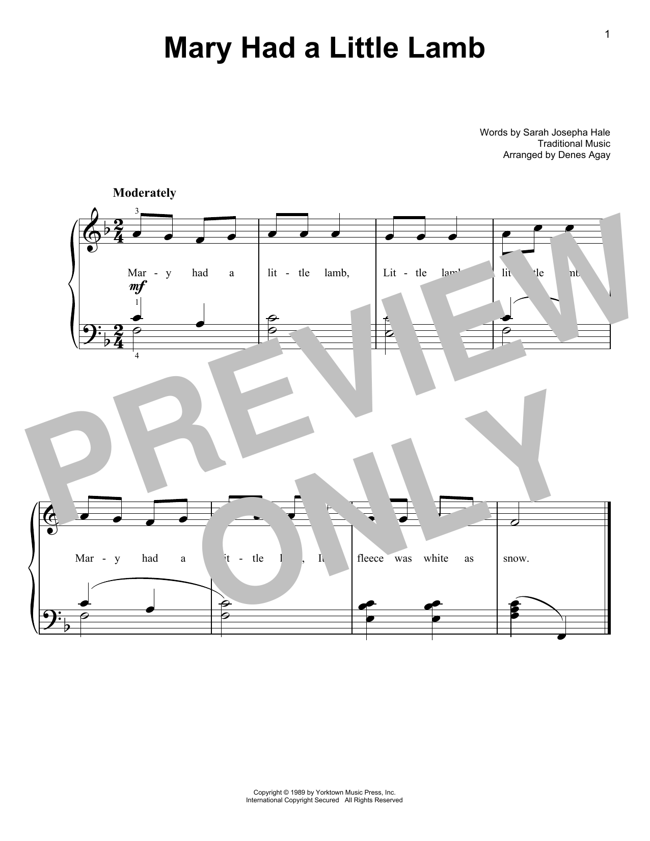Traditional Mary Had A Little Lamb (arr. Denes Agay) sheet music notes and chords arranged for Easy Piano