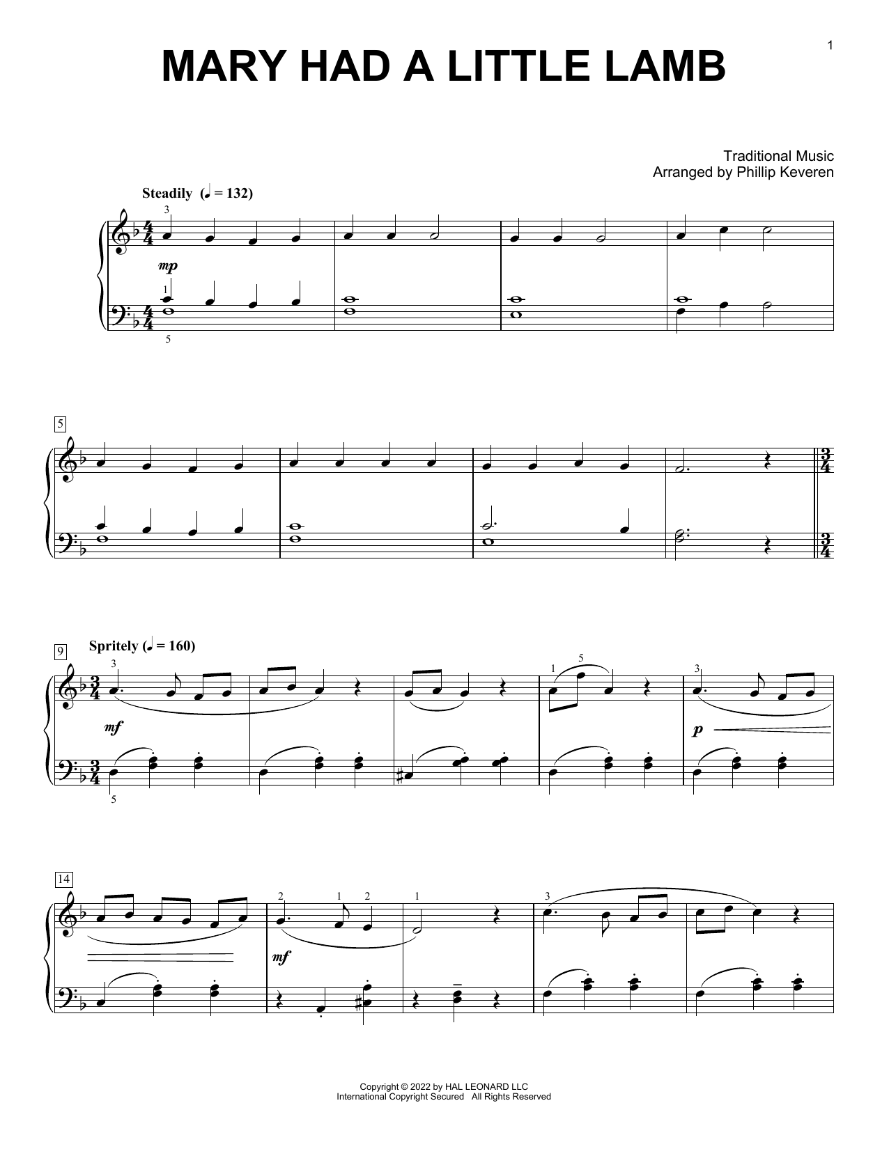 Traditional Mary Had A Little Lamb (arr. Phillip Keveren) sheet music notes and chords arranged for Piano Solo
