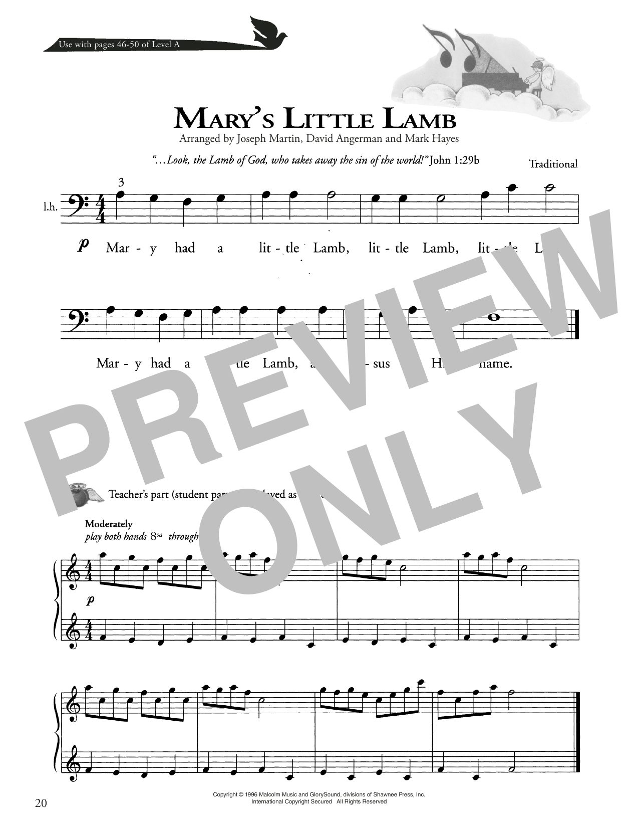 Traditional Mary's Little Lamb sheet music notes and chords arranged for Piano Method