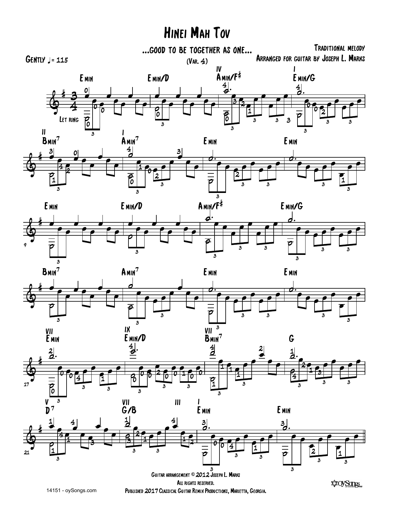 Traditional Melody Heiveinu Shalom Aleichem Vars 1, 2, 3 (arr. Joe Marks) sheet music notes and chords arranged for Solo Guitar