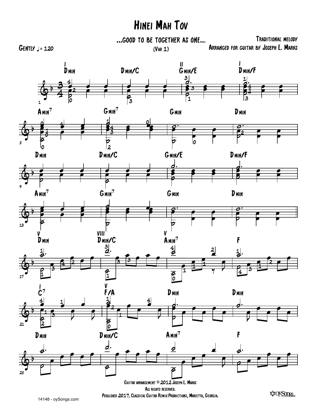 Traditional Melody Hinei Mah Tov Var 1 (arr. Joe Marks) sheet music notes and chords arranged for Solo Guitar