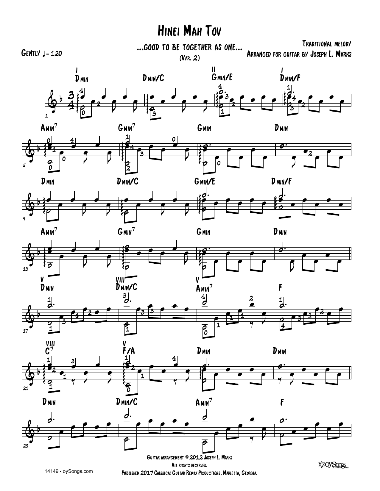 Traditional Melody Hinei Mah Tov Var 2 (arr. Joe Marks) sheet music notes and chords arranged for Solo Guitar