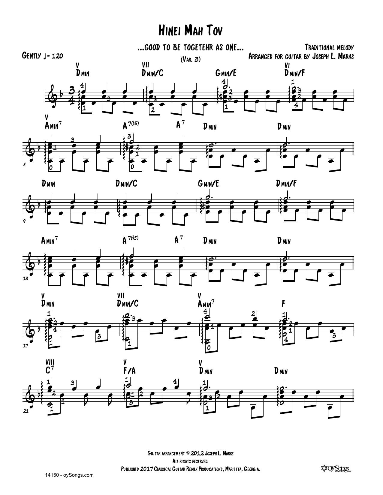 Traditional Melody Hinei Mah Tov Var 3 (arr. Joe Marks) sheet music notes and chords arranged for Solo Guitar