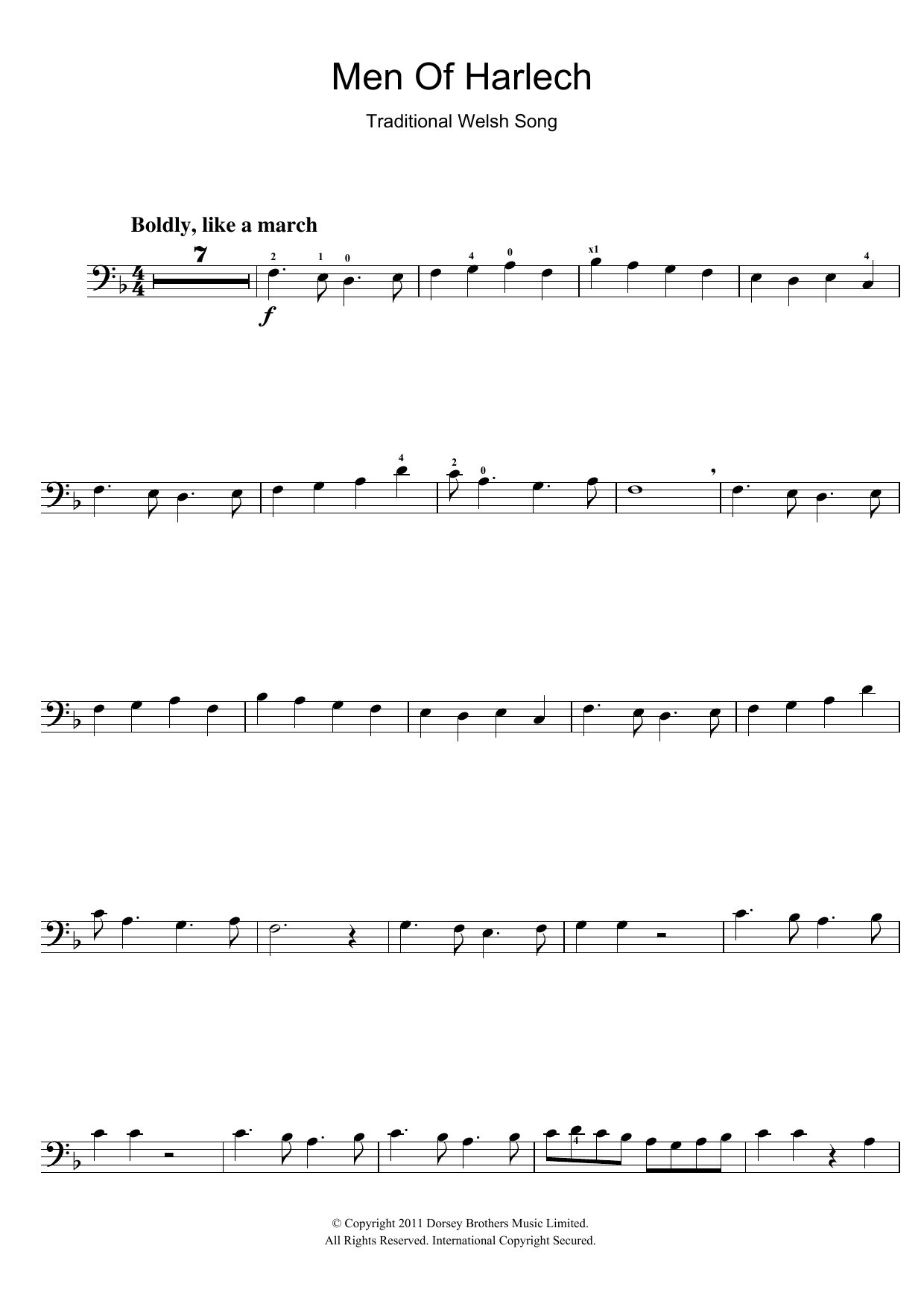 Traditional Men Of Harlech sheet music notes and chords arranged for Cello Solo