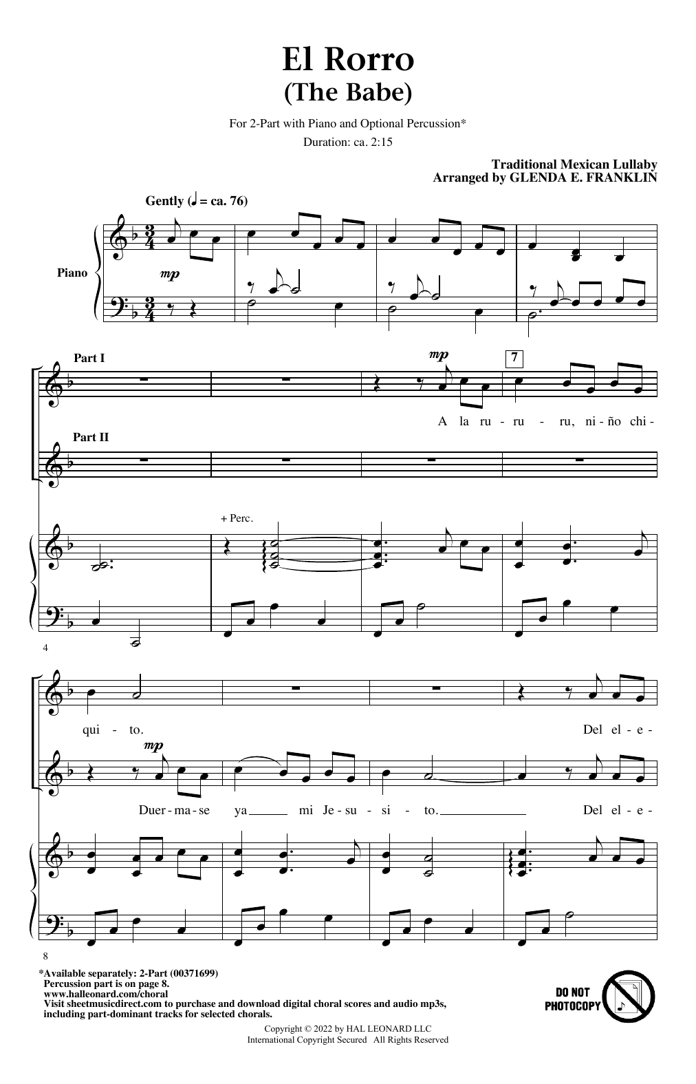 Traditional Mexican Lullaby El Rorro (The Babe) (arr. Glenda E. Franklin) sheet music notes and chords arranged for 2-Part Choir