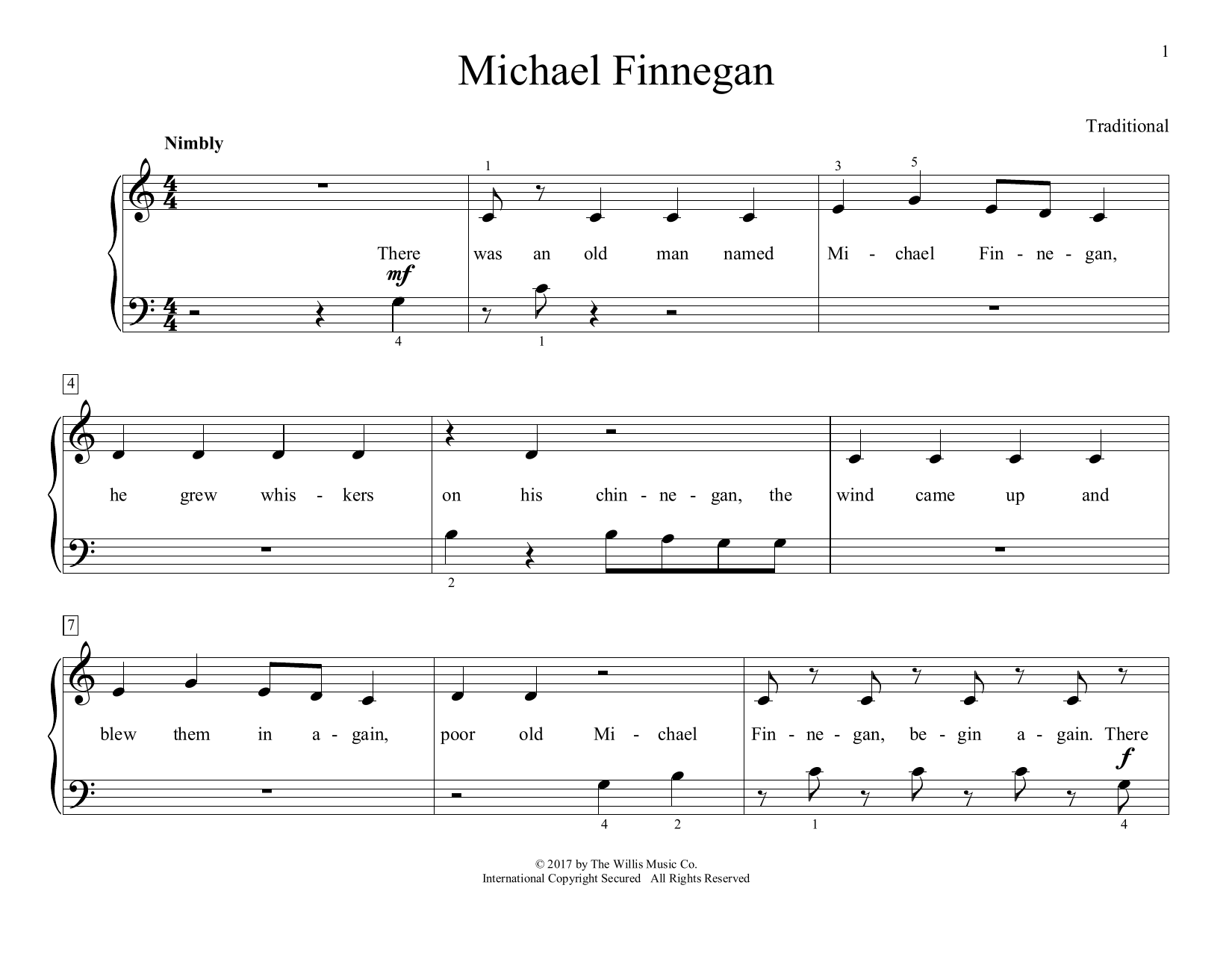 Traditional Michael Finnegan (arr. Christopher Hussey) sheet music notes and chords arranged for Educational Piano