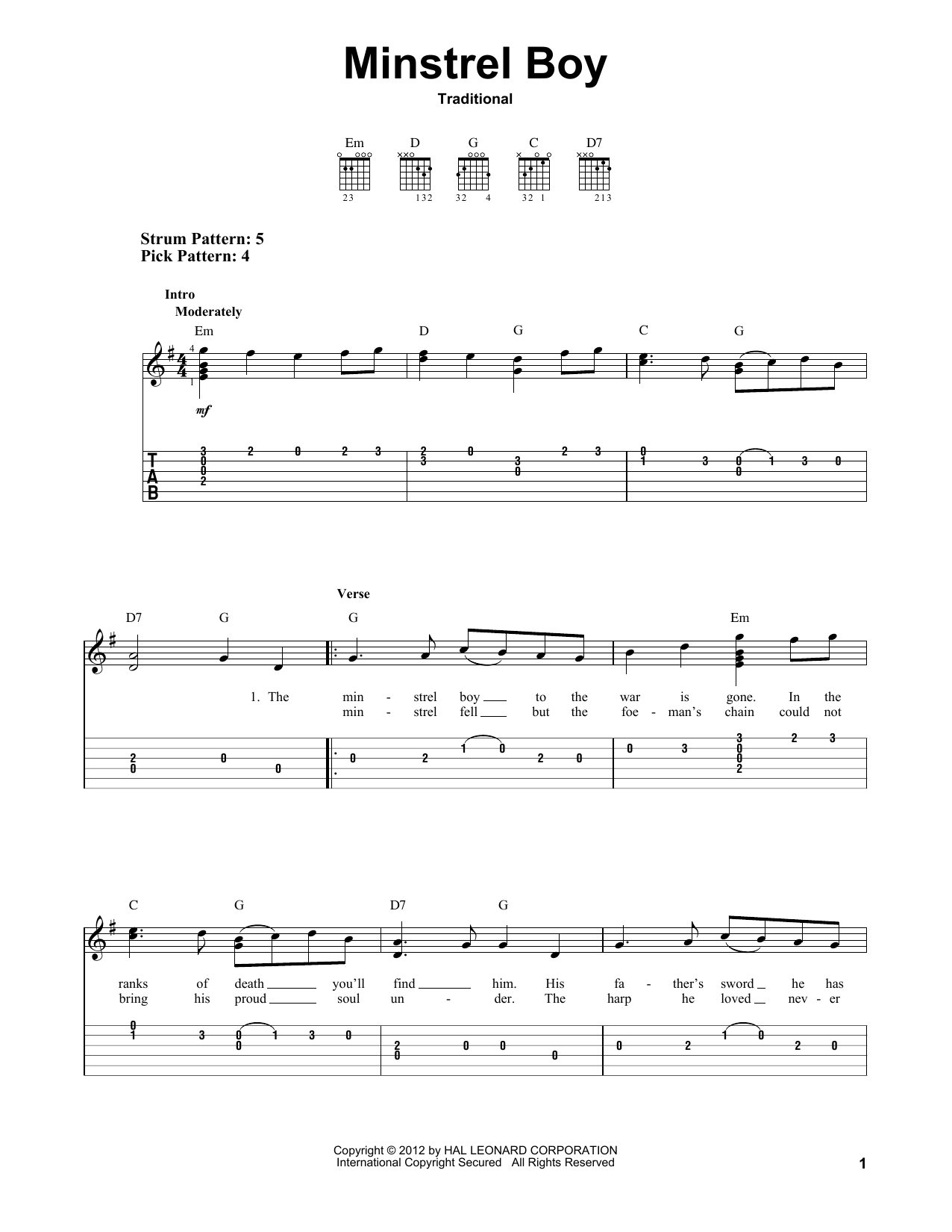 Traditional Minstrel Boy sheet music notes and chords arranged for Trumpet Solo