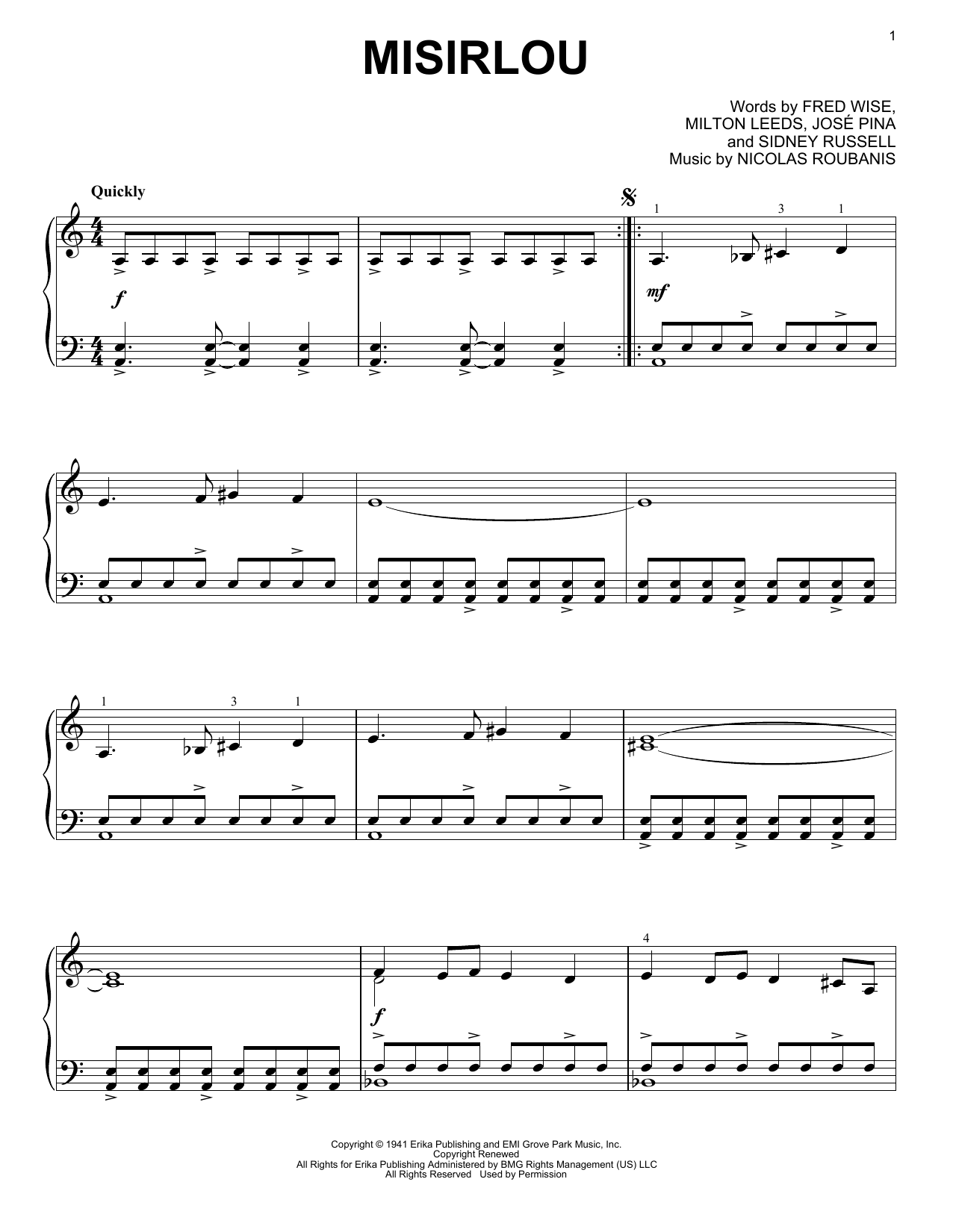 Traditional Misirlou sheet music notes and chords arranged for Piano Solo