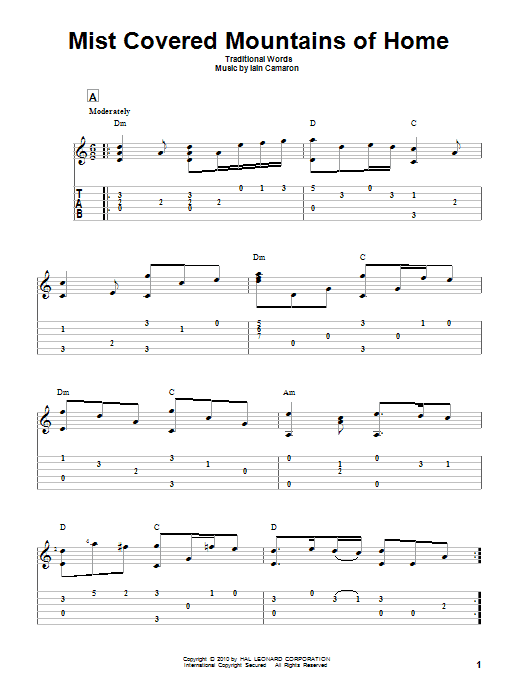 Traditional Mist Covered Mountains Of Home sheet music notes and chords arranged for Solo Guitar