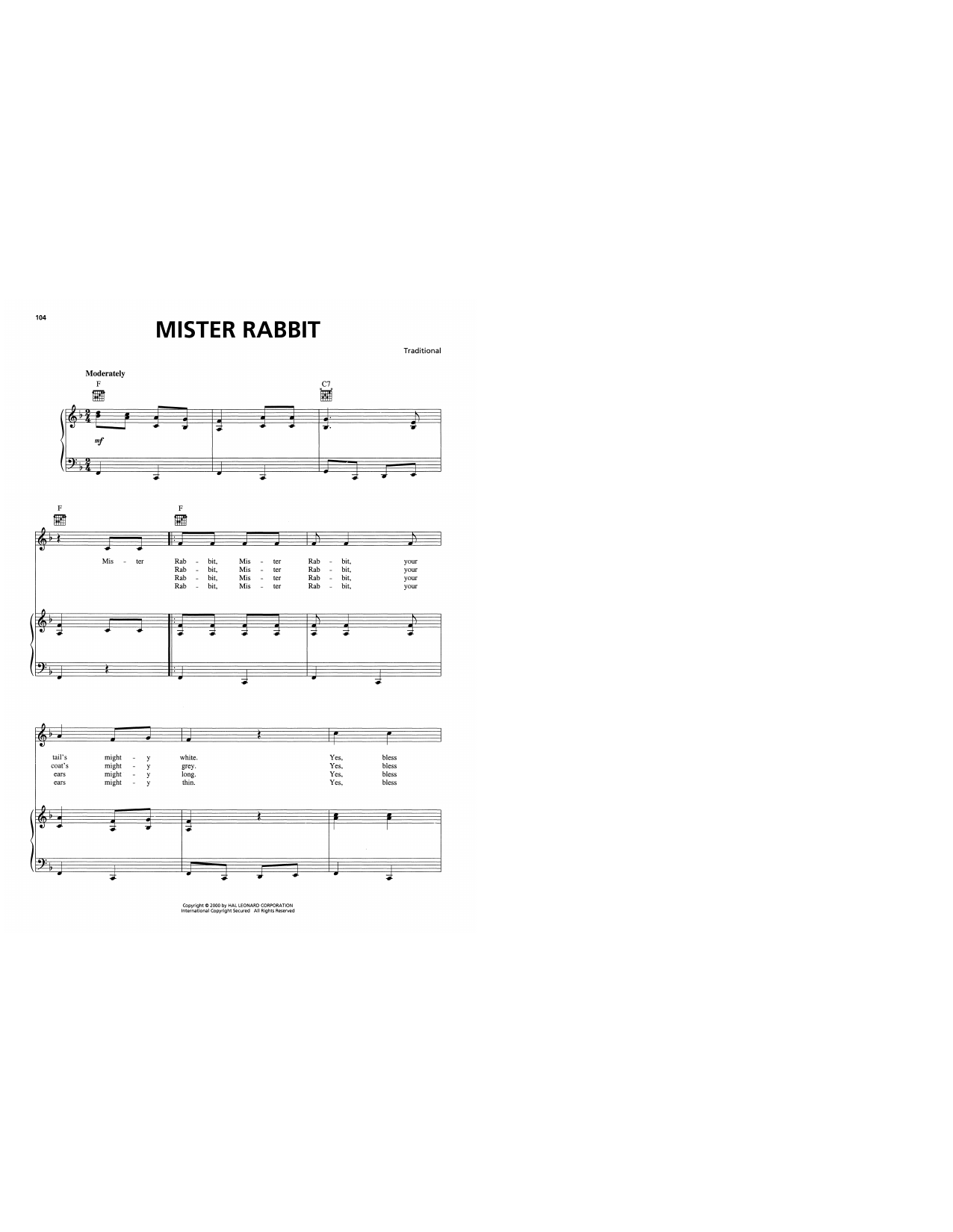 Traditional Mister Rabbit sheet music notes and chords arranged for Piano, Vocal & Guitar Chords (Right-Hand Melody)