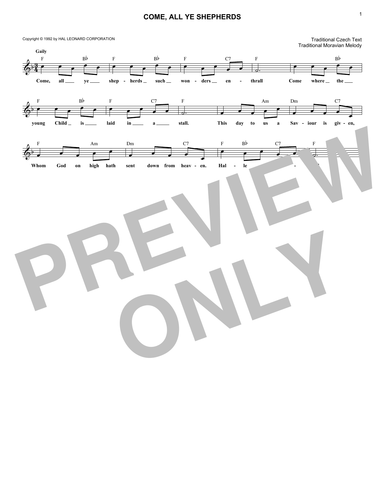 Traditional Moravian Melody Come, All Ye Shepherds sheet music notes and chords arranged for Very Easy Piano