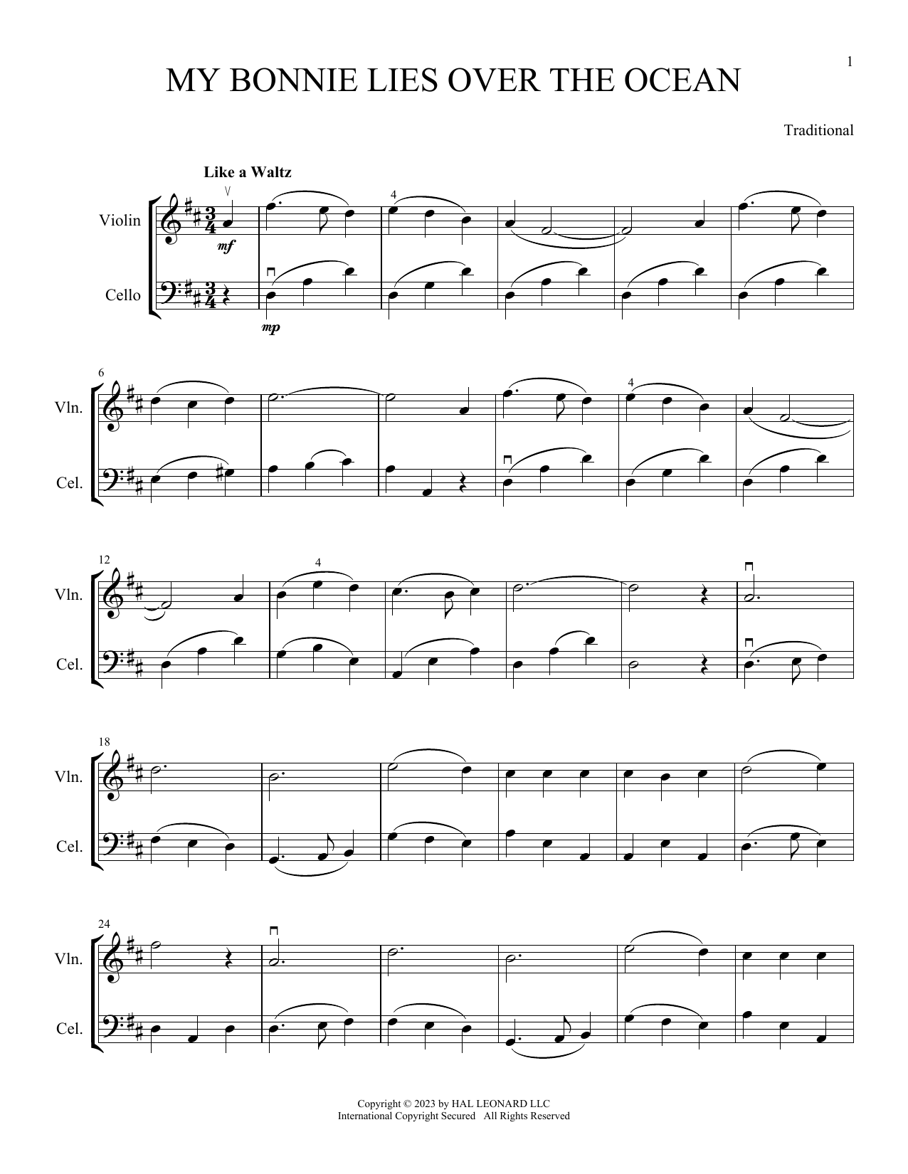 Traditional My Bonnie Lies Over The Ocean (arr. Michelle Hynson) sheet music notes and chords arranged for Instrumental Duet