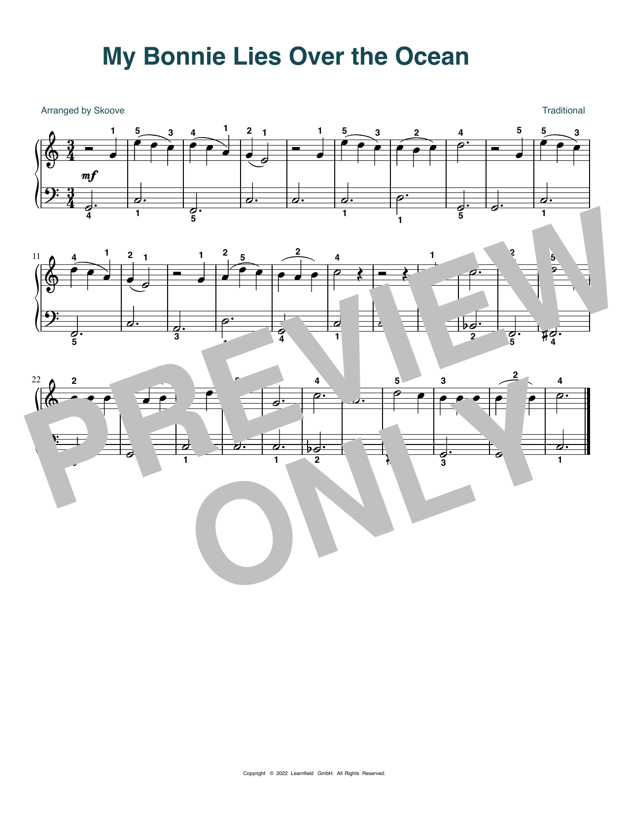 Traditional My Bonny Lies Over The Ocean (arr. Skoove) sheet music notes and chords arranged for Beginner Piano (Abridged)