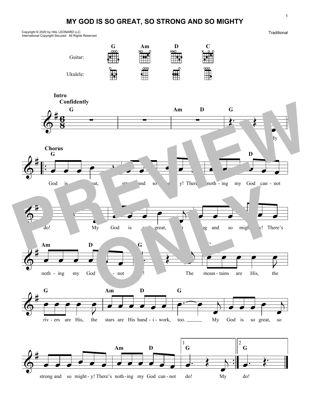 Traditional My God Is So Great, So Strong And So Mighty sheet music notes and chords arranged for 5-Finger Piano