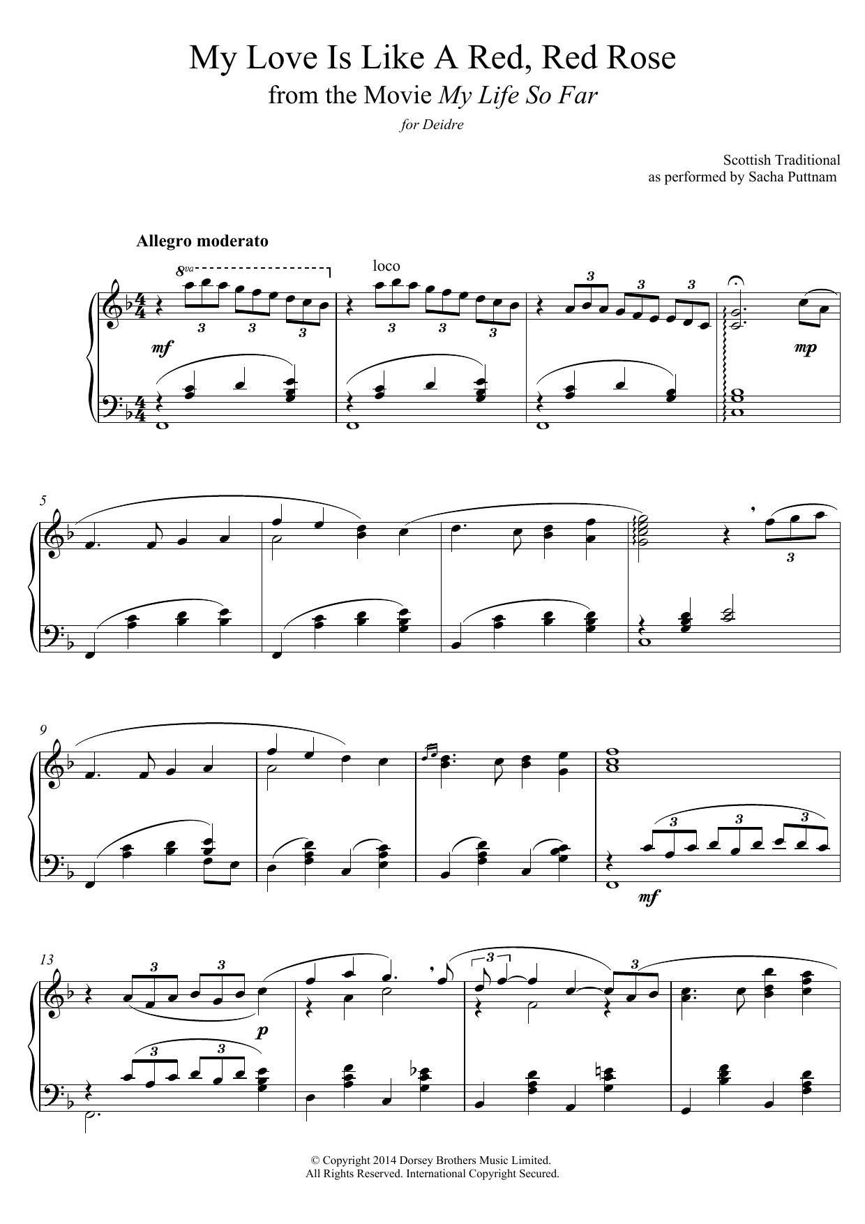 Traditional My Love Is Like A Red, Red Rose (as performed by Sacha Puttnam) sheet music notes and chords arranged for Piano Solo