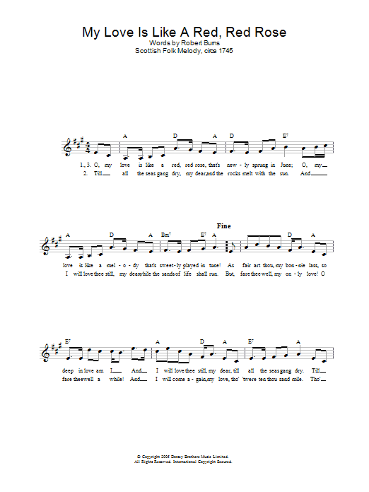 Traditional My Love Is Like A Red, Red Rose sheet music notes and chords arranged for Lead Sheet / Fake Book