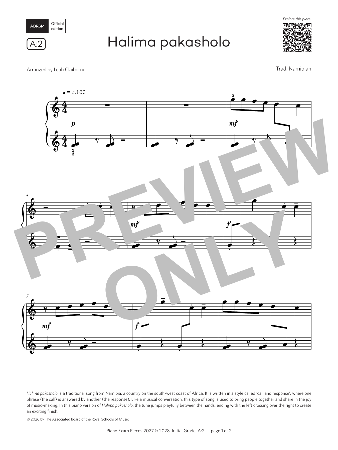Traditional Namibian Halima pakasholo (Grade Initial, list A2, from the ABRSM Piano Syllabus 2027 & 2028) sheet music notes and chords arranged for Piano Solo