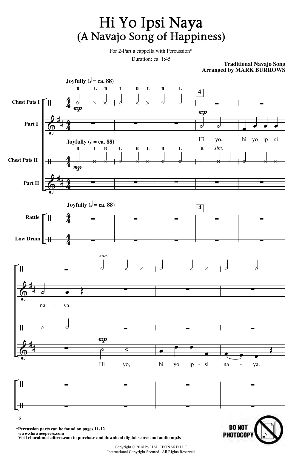 Traditional Navajo Song Hi Yo Ipsi Naya (arr. Mark Burrows) sheet music notes and chords arranged for 2-Part Choir