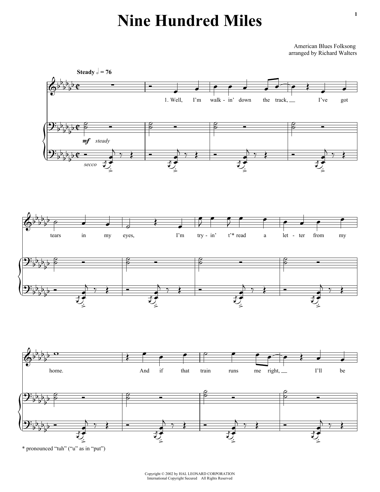 Traditional Nine Hundred Miles sheet music notes and chords arranged for Piano, Vocal & Guitar Chords (Right-Hand Melody)