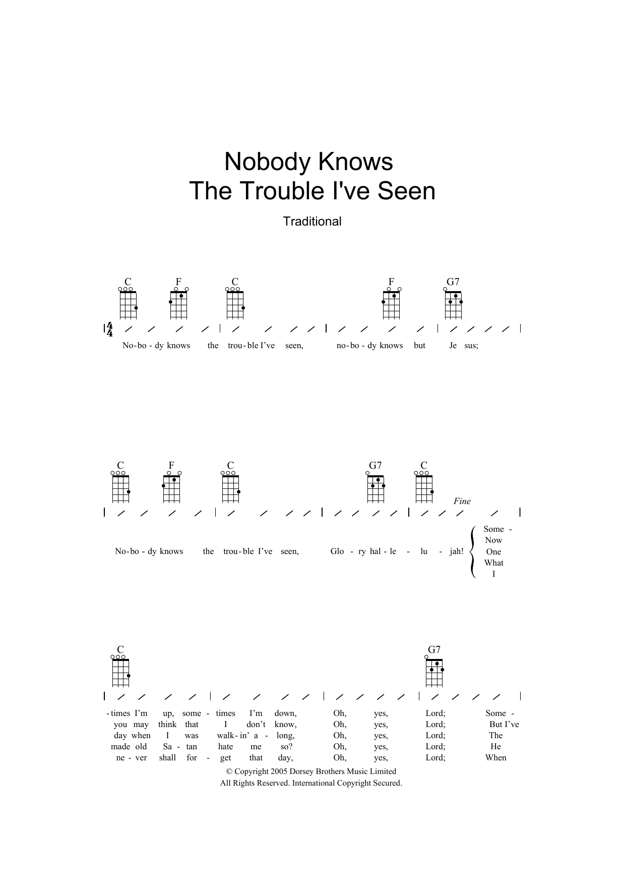 Traditional Nobody Knows The Trouble I've Seen sheet music notes and chords arranged for Ukulele Chords/Lyrics