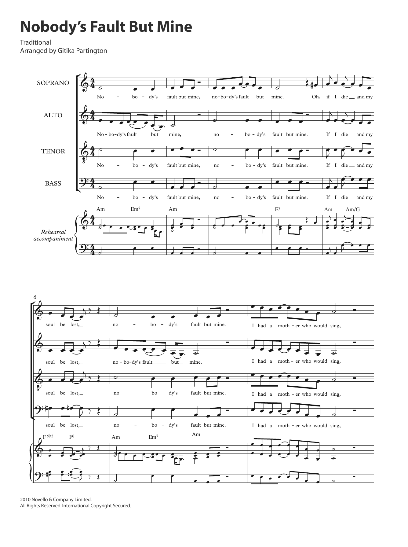 Traditional Nobody's Fault But Mine (arr. Gitika Partington) sheet music notes and chords arranged for SATB Choir