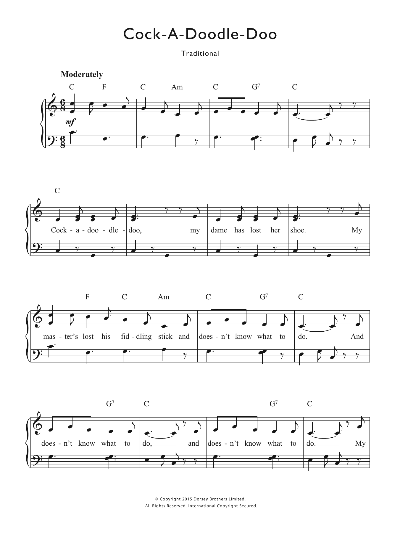 Traditional Nursery Rhyme Cock-A-Doodle-Doo sheet music notes and chords arranged for Piano & Vocal