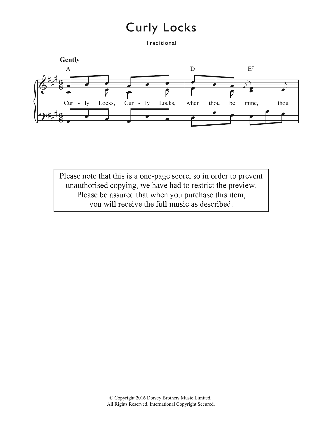 Traditional Nursery Rhyme Curly Locks sheet music notes and chords arranged for Piano & Vocal