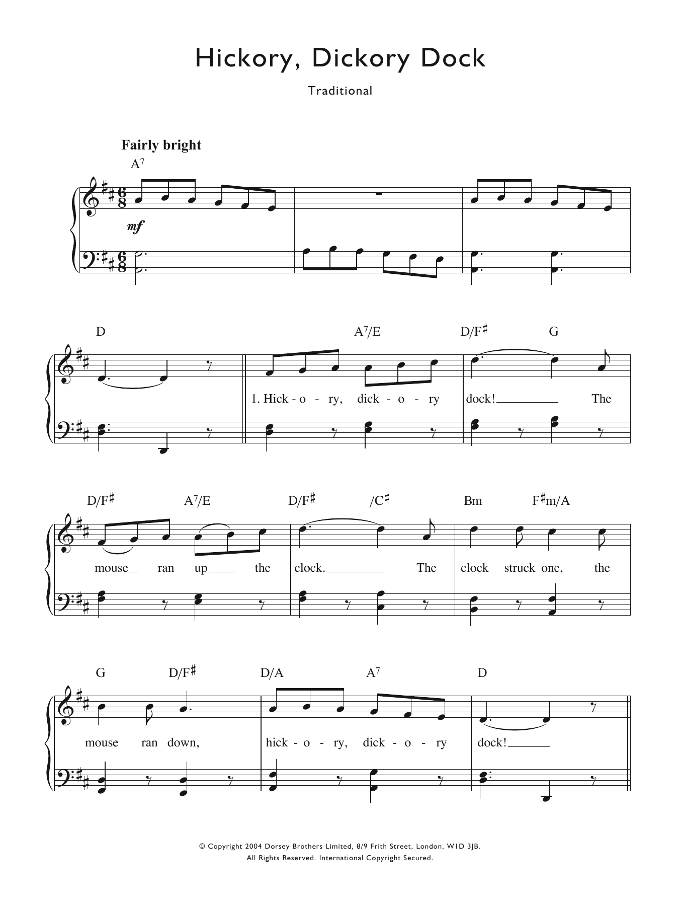 Traditional Nursery Rhyme Hickory Dickory Dock sheet music notes and chords arranged for Piano & Vocal