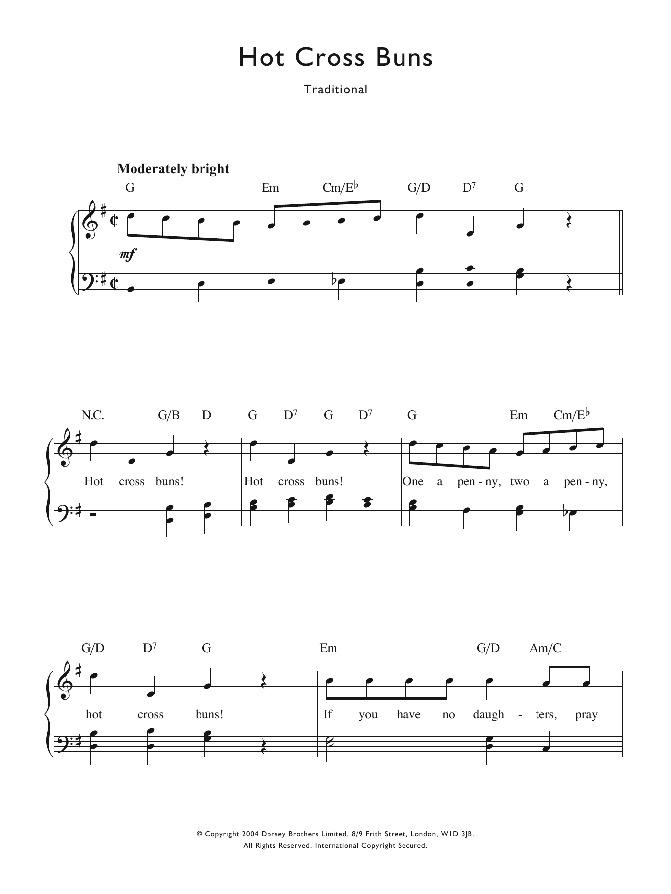 Traditional Nursery Rhyme Hot Cross Buns sheet music notes and chords arranged for Piano & Vocal