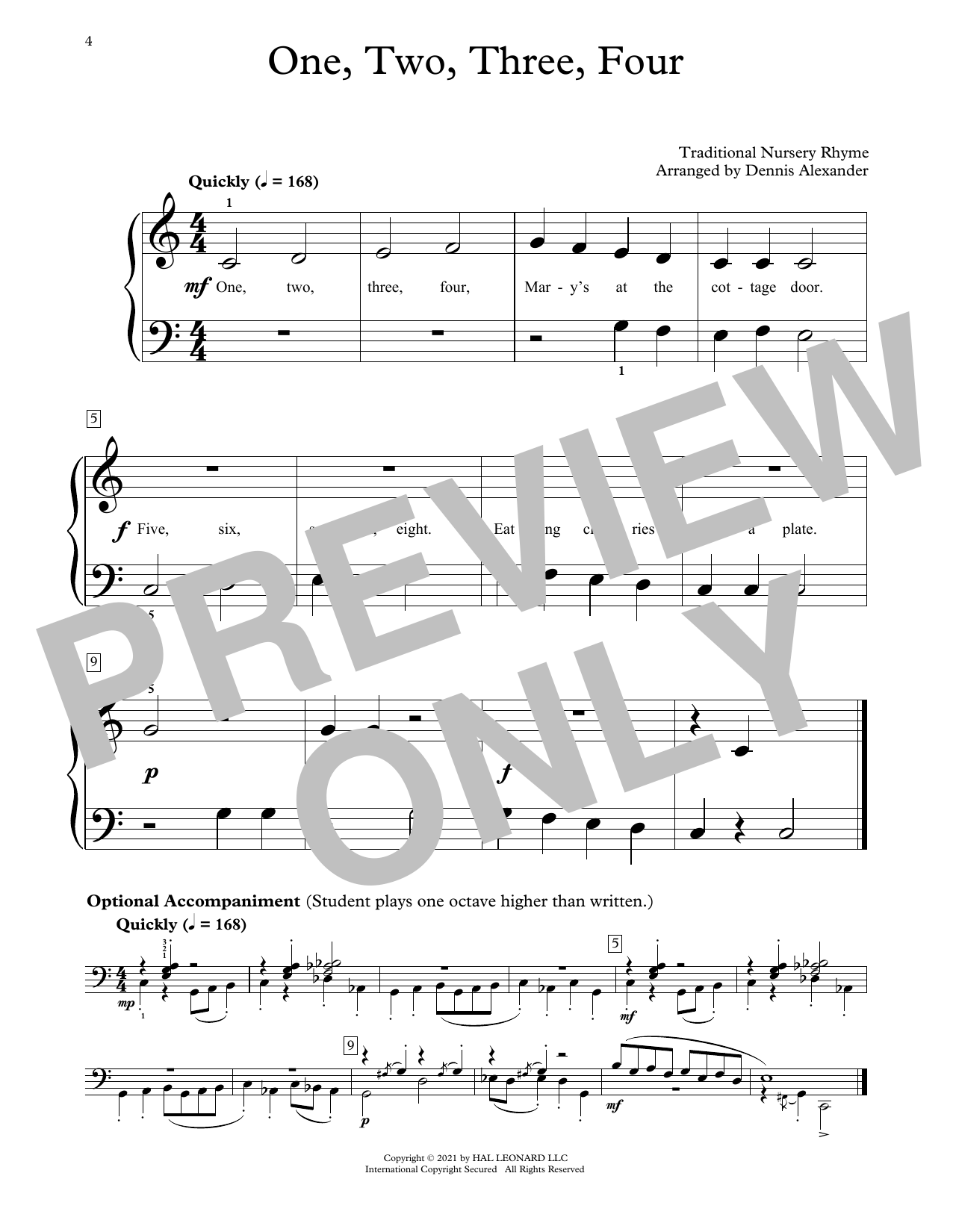 Traditional Nursery Rhyme One, Two, Three, Four sheet music notes and chords arranged for Educational Piano