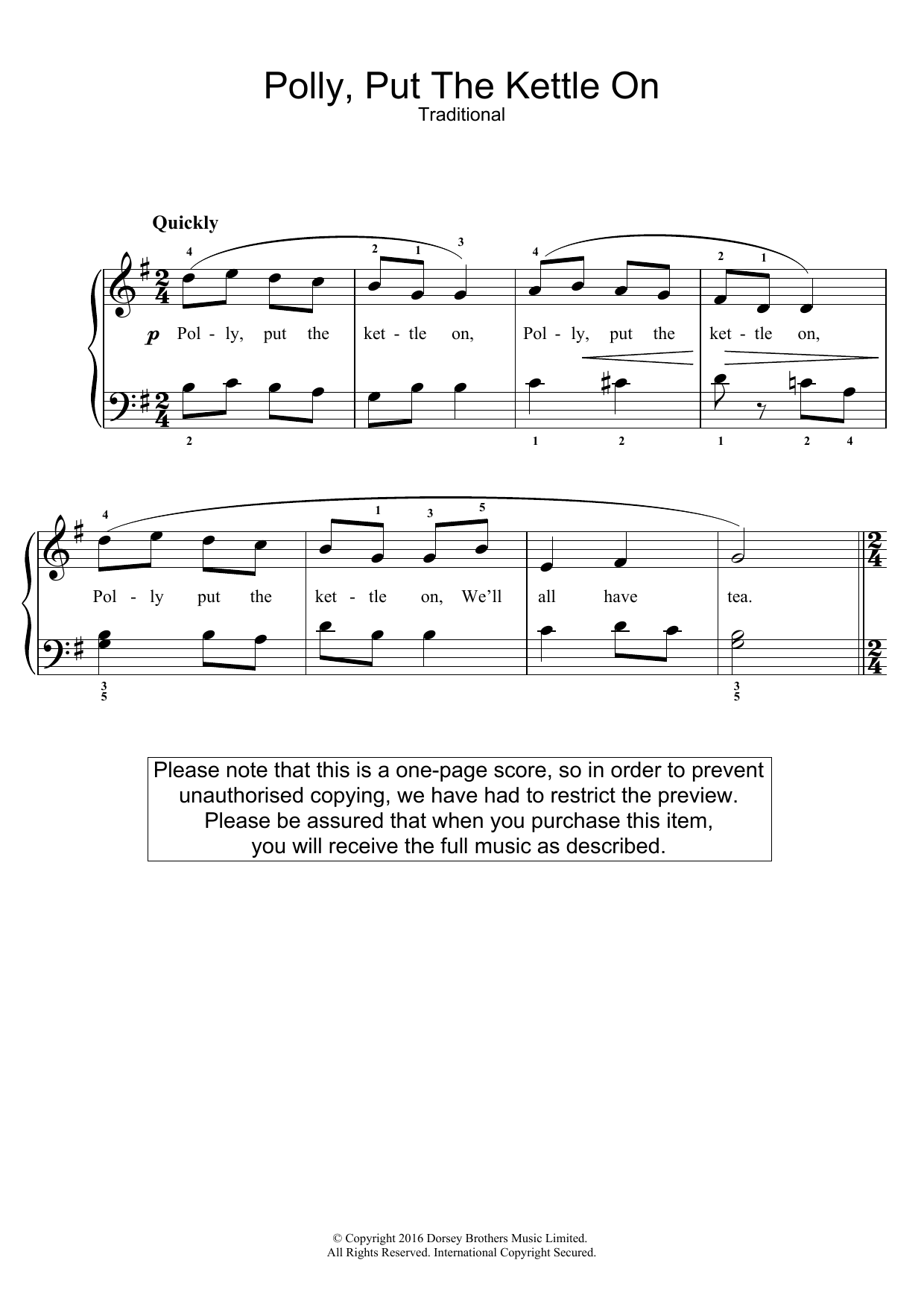 Traditional Nursery Rhyme Polly Put The Kettle On sheet music notes and chords arranged for Easy Piano