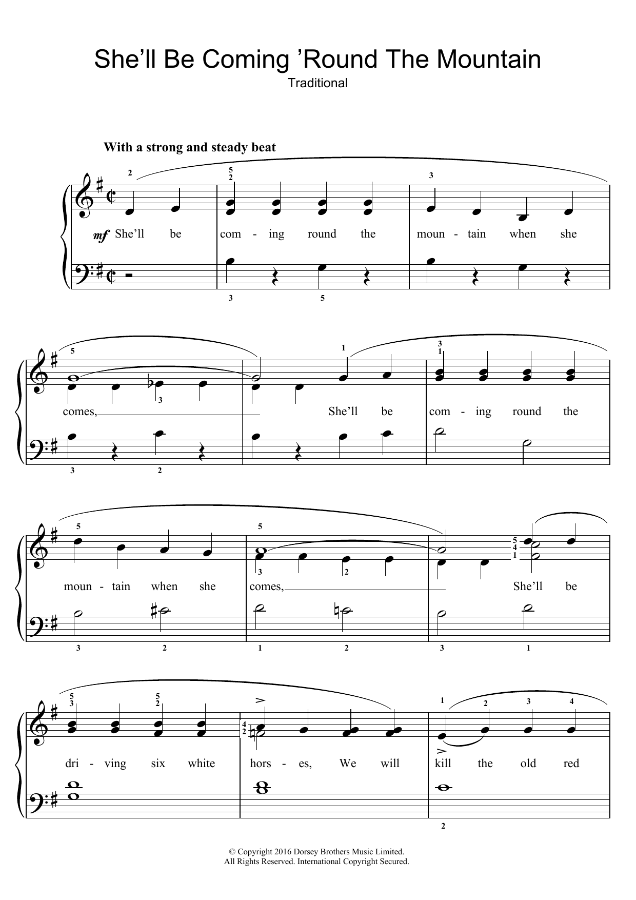 Traditional Nursery Rhyme She'll Be Coming 'Round The Mountain sheet music notes and chords arranged for Easy Piano