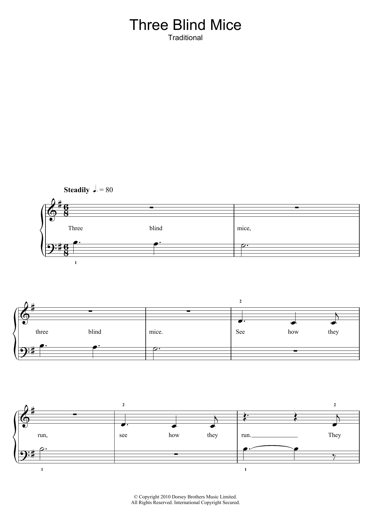 Traditional Nursery Rhyme Three Blind Mice sheet music notes and chords arranged for 5-Finger Piano
